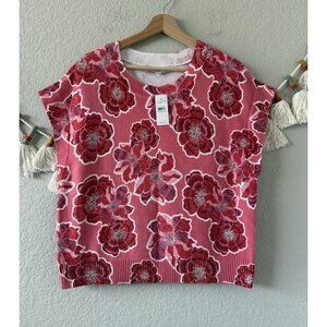 Loft Floral Rose Wedge Cap Sleeve Sweater Knit Top Coquette Beach Cottage NWT M